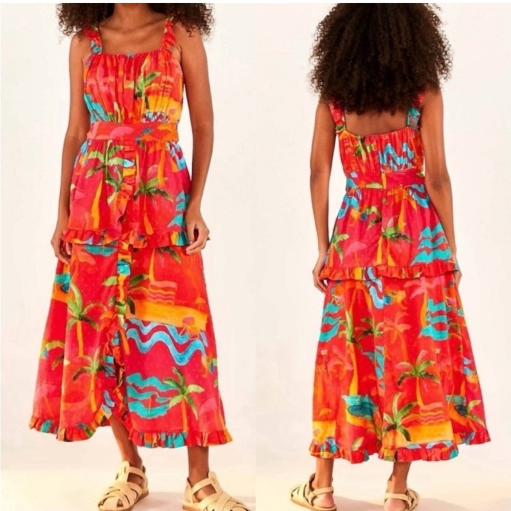 FARM Rio Red Tropical Palm Tiered Midi Dress